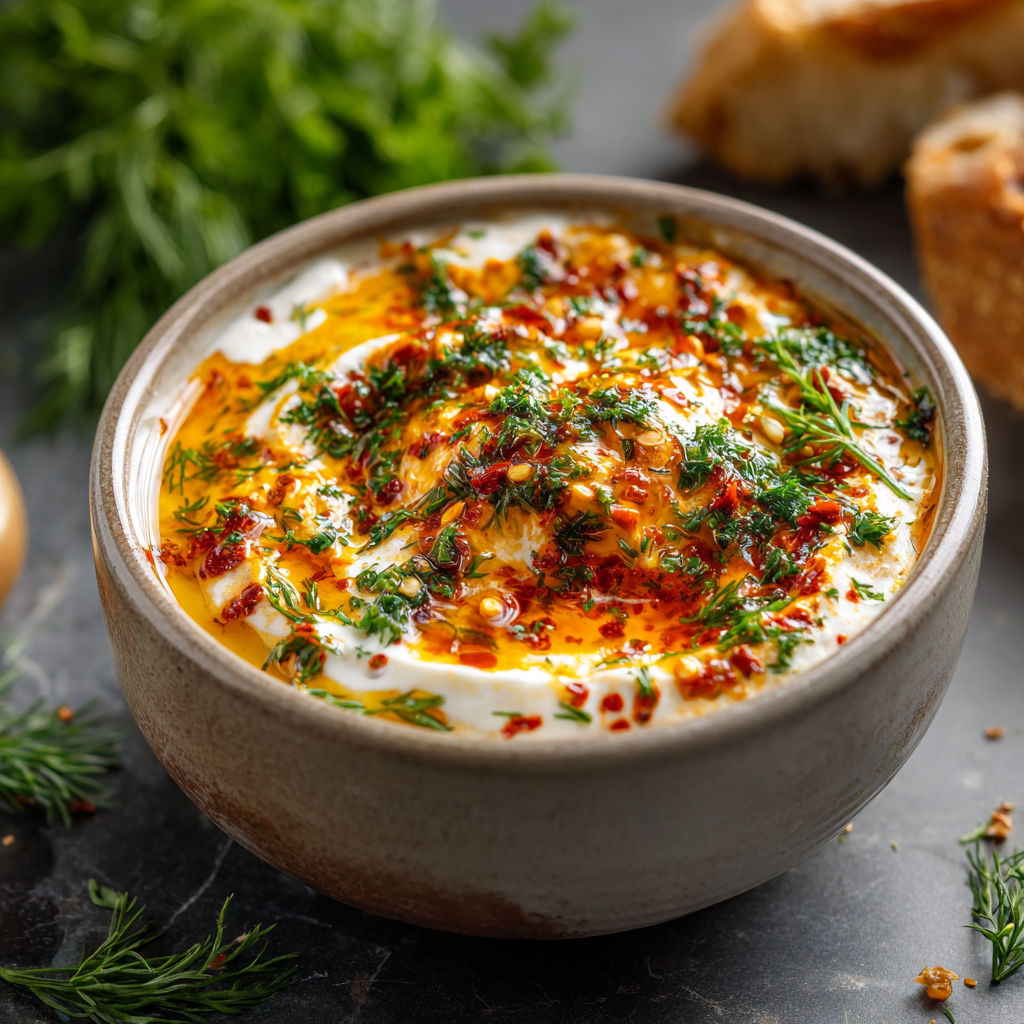 A bowl of creamy dip with a generous amount of red peppers and herbs, ready to be served with crackers.