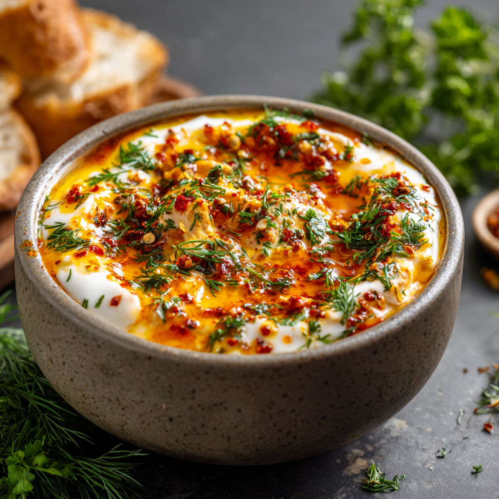 A bowl of soup with a spoon in it, topped with fresh herbs and a sprinkle of red pepper flakes.
