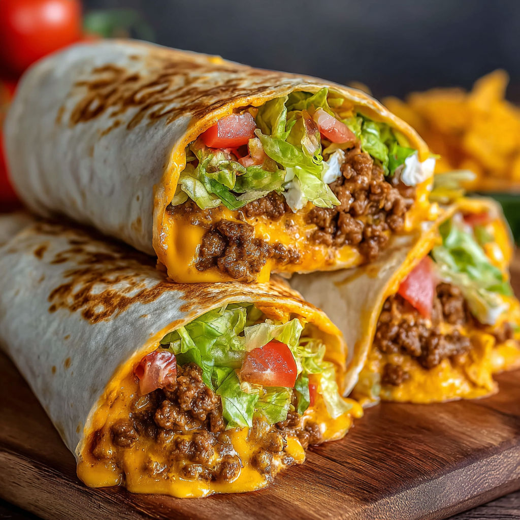 A delicious nacho cheese beef wrap recipe, served on a wooden cutting board.
