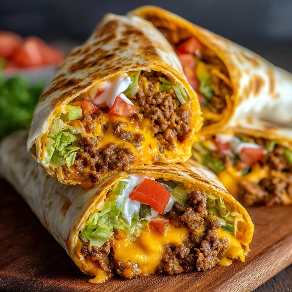 A delicious nacho cheese beef wrap recipe is displayed on a wooden cutting board.