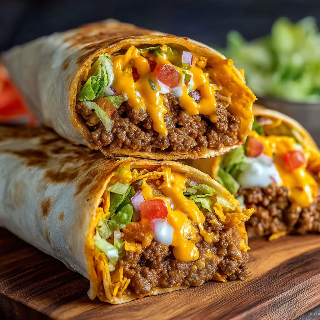 A delicious nacho cheese beef wrap is served on a wooden cutting board.