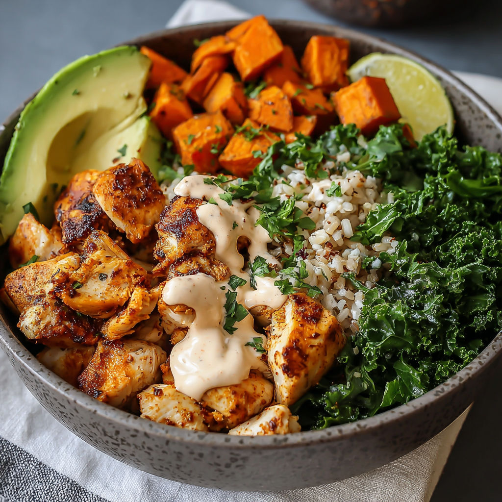 A bowl of food containing chicken, sweet potatoes, and kale.