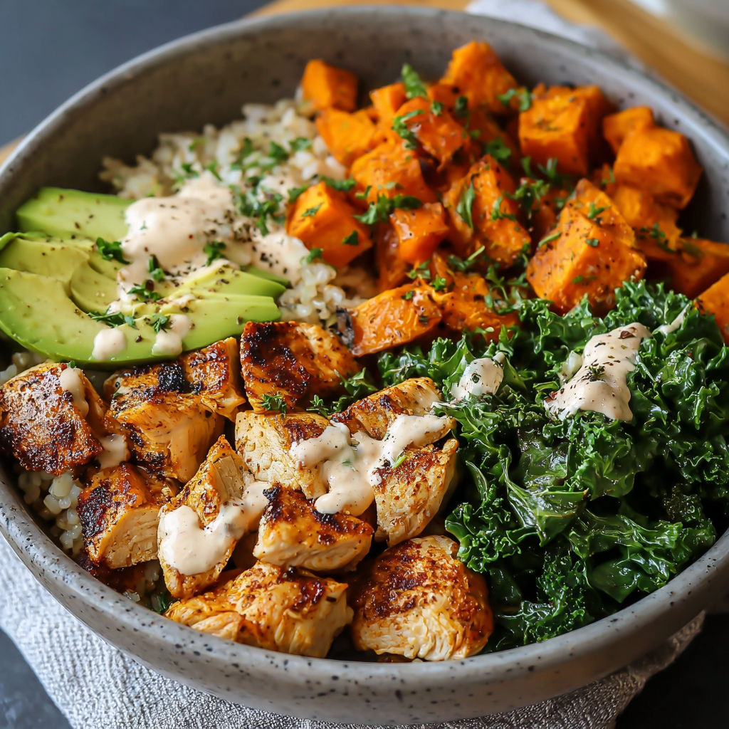 A bowl of food containing chicken, sweet potatoes, and kale.