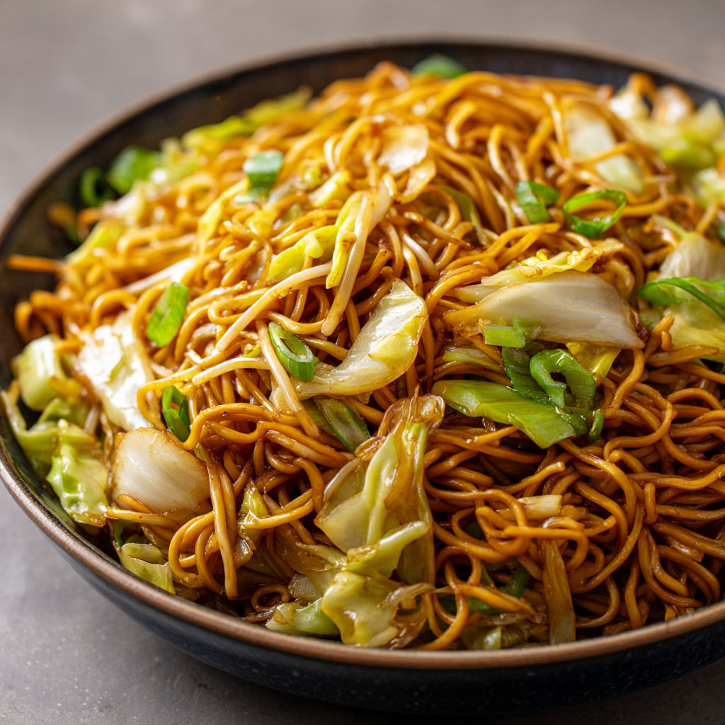 A bowl of chow mein noodles with vegetables and meat, ready to be cooked in 15 minutes.