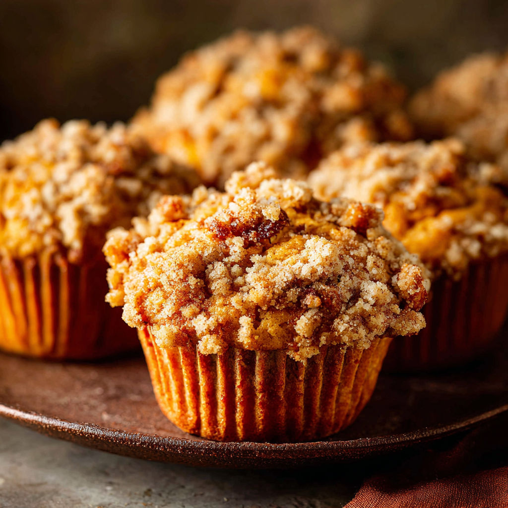 A plate with three muffins, each with a streusel topping, and filled with a mixture of apples and pumpkin.