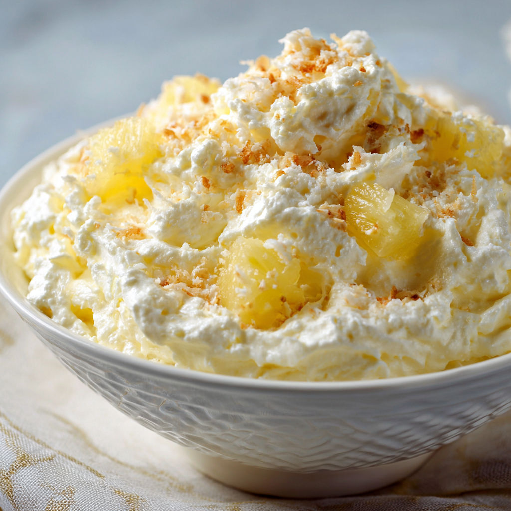 A bowl of Pineapple Fluff Recipe, topped with coconut flakes.
