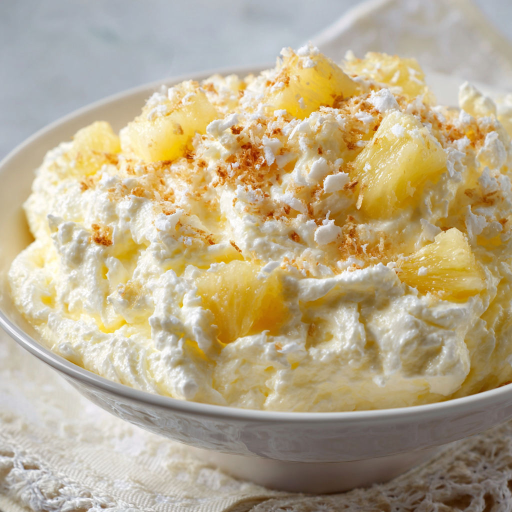 A bowl of whipped cream with pineapple chunks on top.