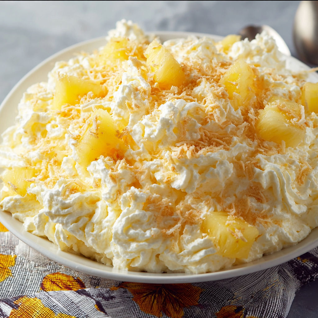 A white bowl filled with a creamy dessert topped with pineapple chunks.
