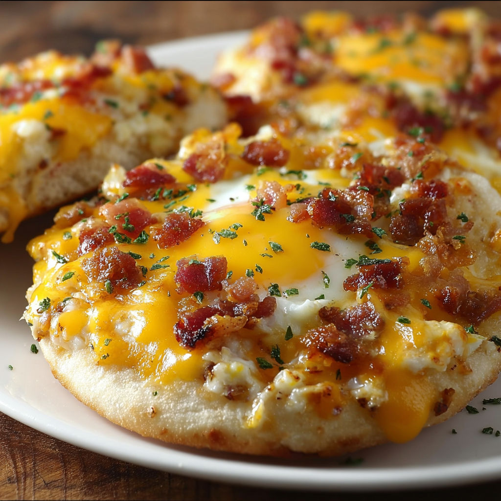 A plate of English Muffin Breakfast Pizza with cheese, bacon, and egg.
