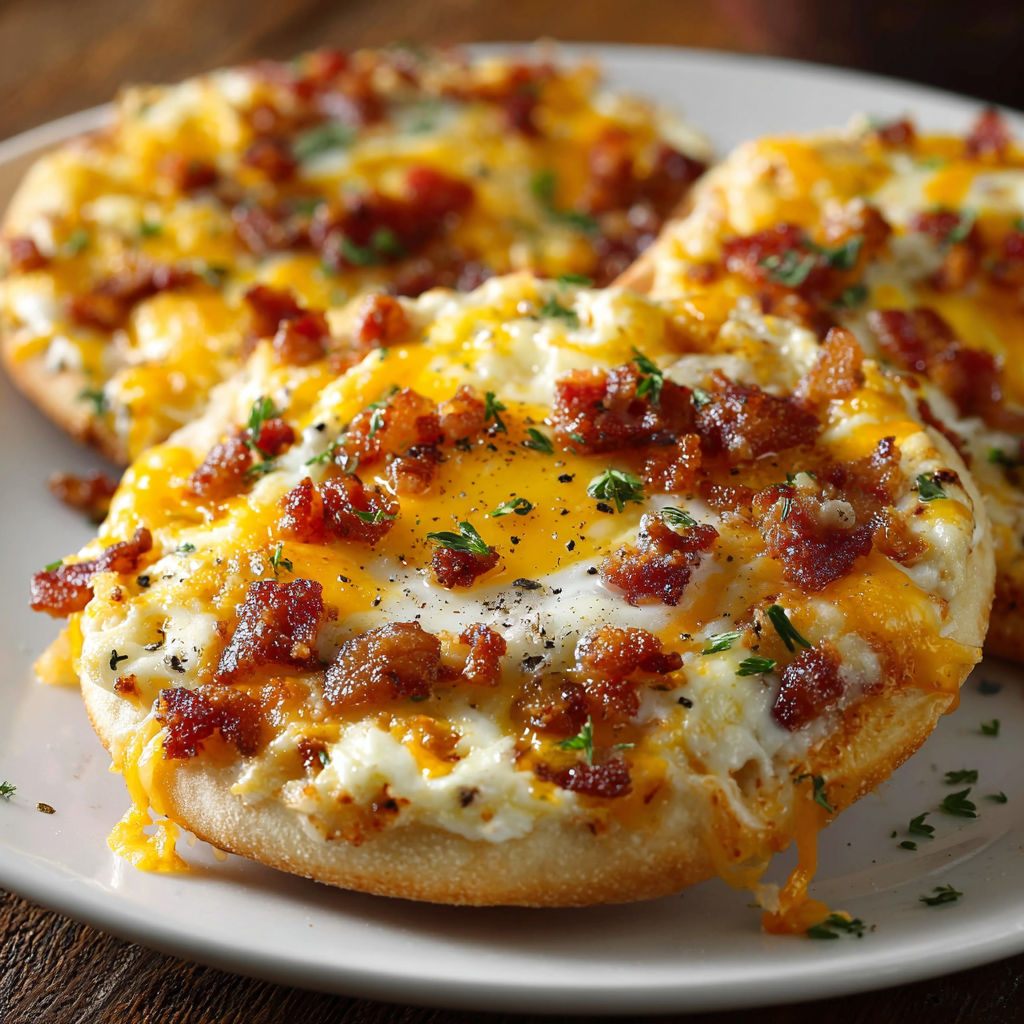 A plate of English Muffin Breakfast Pizza with cheese, bacon, and egg.