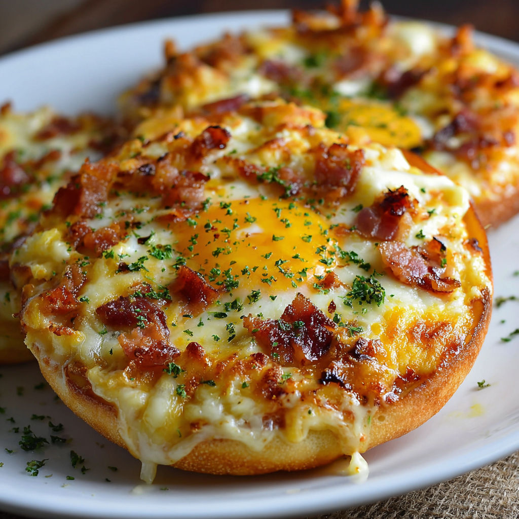 A delicious English Muffin Breakfast Pizza with cheese, bacon, and an egg on top.