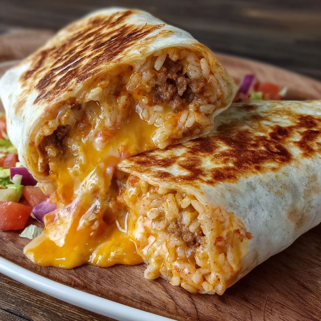 A delicious Grilled Cheese Burrito with Seasoned Beef is served on a wooden table.