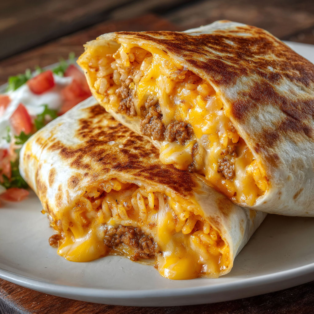 A delicious burrito filled with cheese and meat is served on a plate.