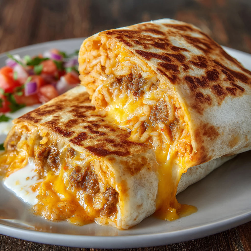 A delicious burrito filled with rice, meat, and cheese is served on a plate.