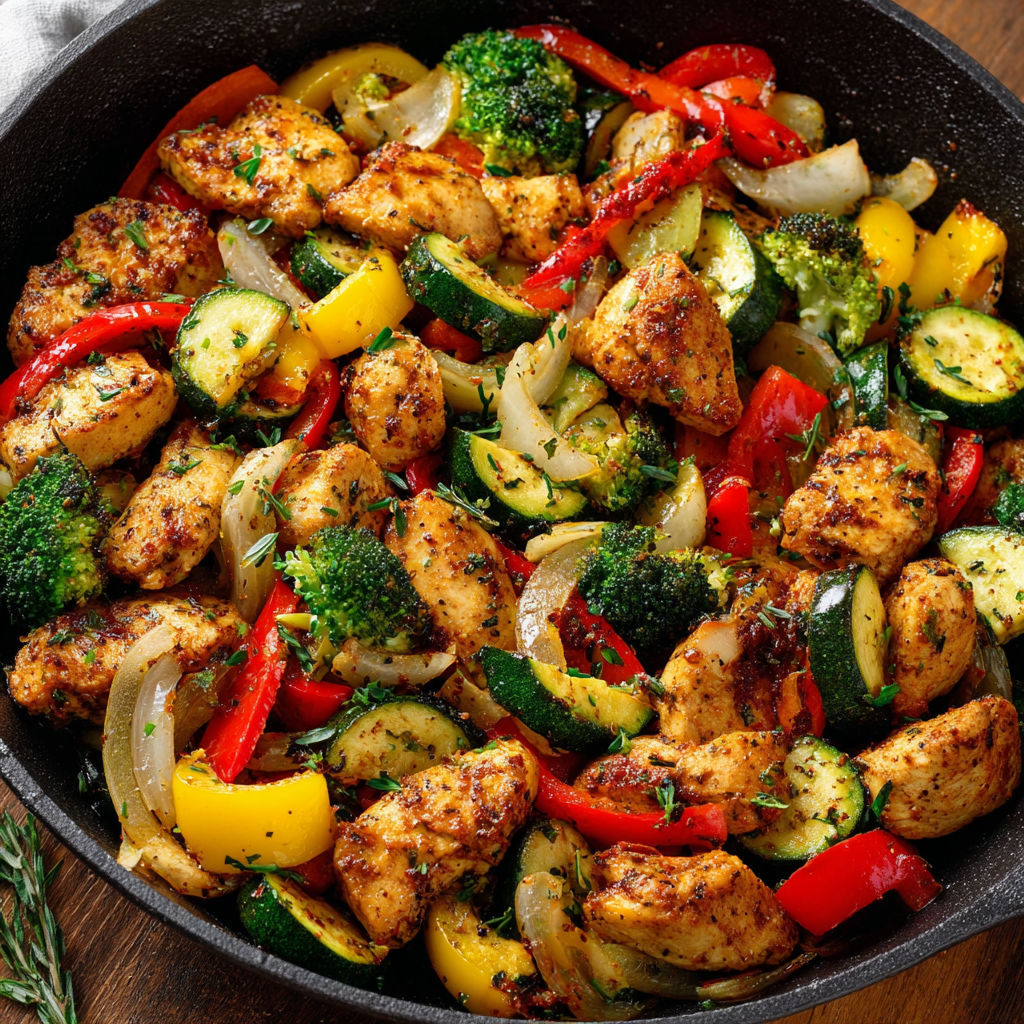 A delicious Chicken and Vegetables Skillet is ready to be cooked in a black skillet.