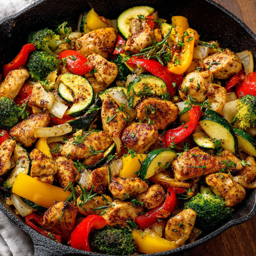 A delicious stir fry with chicken, zucchini, peppers, and broccoli, all cooked in a wok.