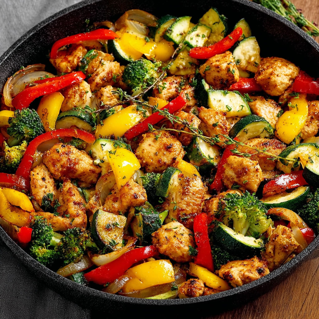 A delicious stir fry with chicken, peppers, and zucchini.