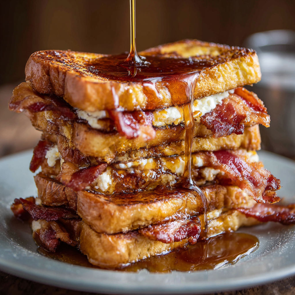 A stack of French toast with bacon and maple syrup.