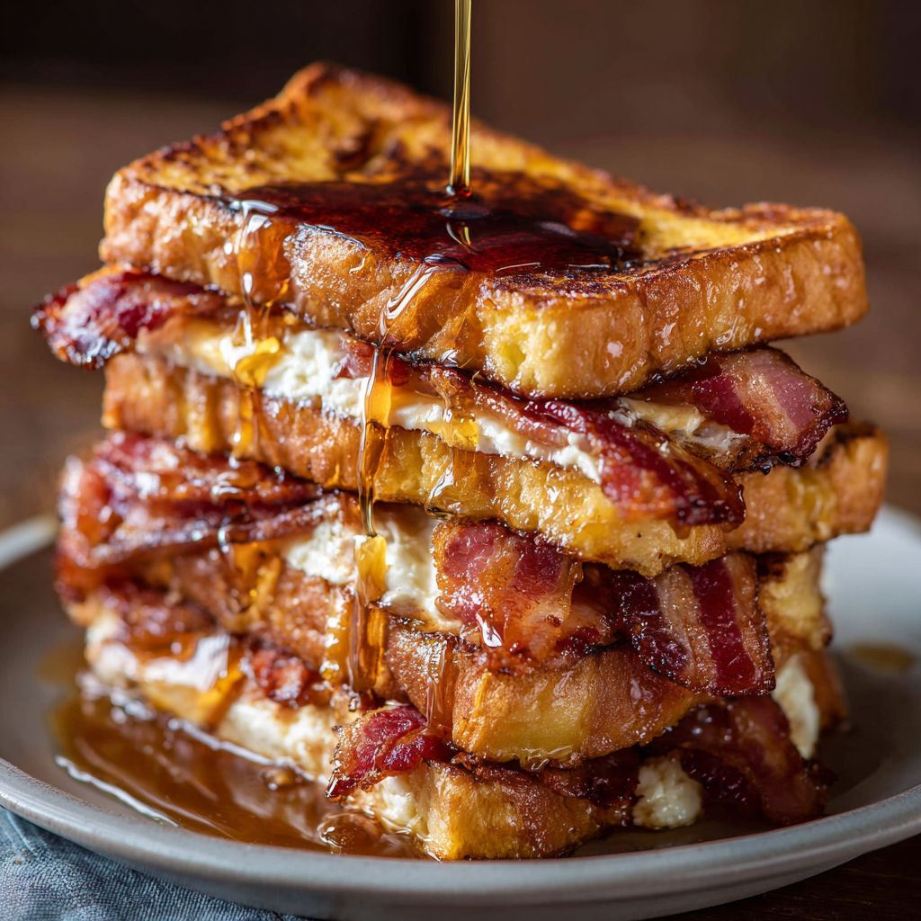 A stack of French toast with syrup drizzled over it.