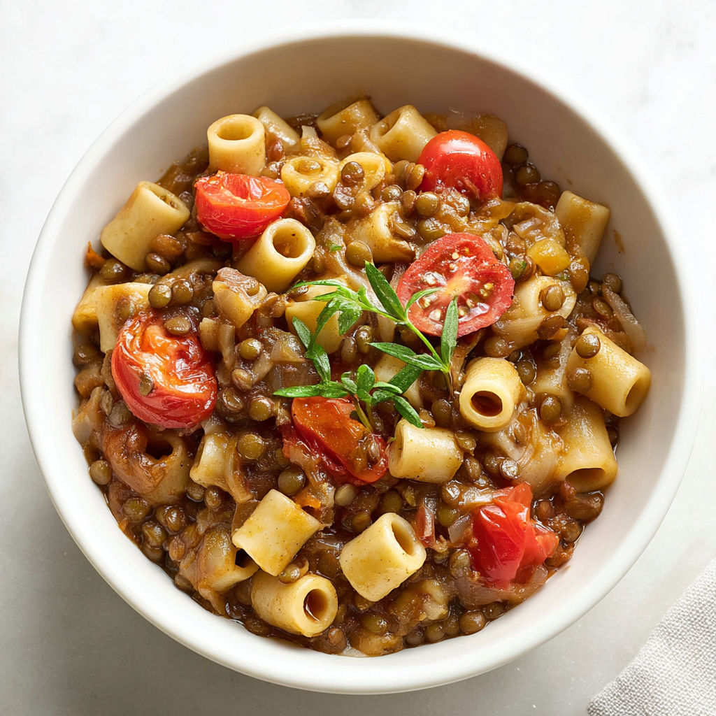 A bowl of pasta with lentils and tomatoes.