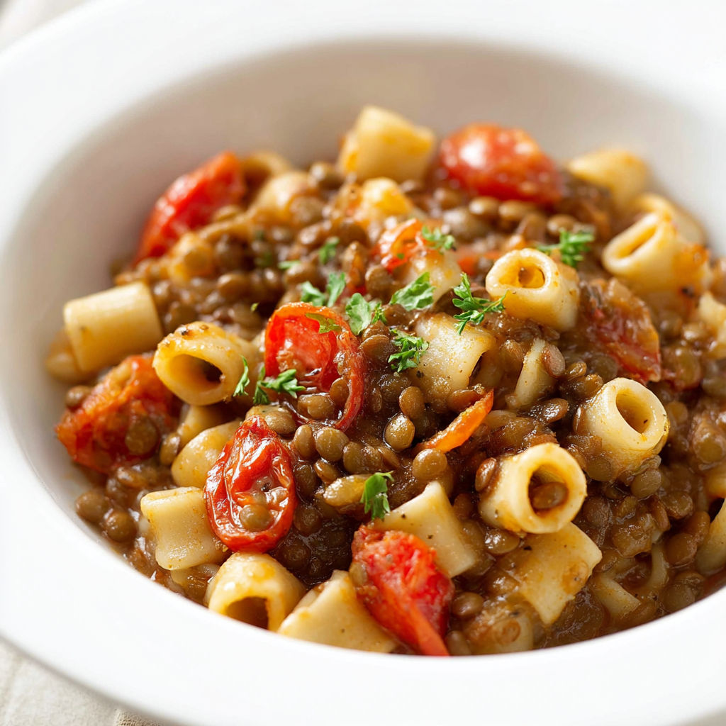 A bowl of pasta with lentils and tomatoes.