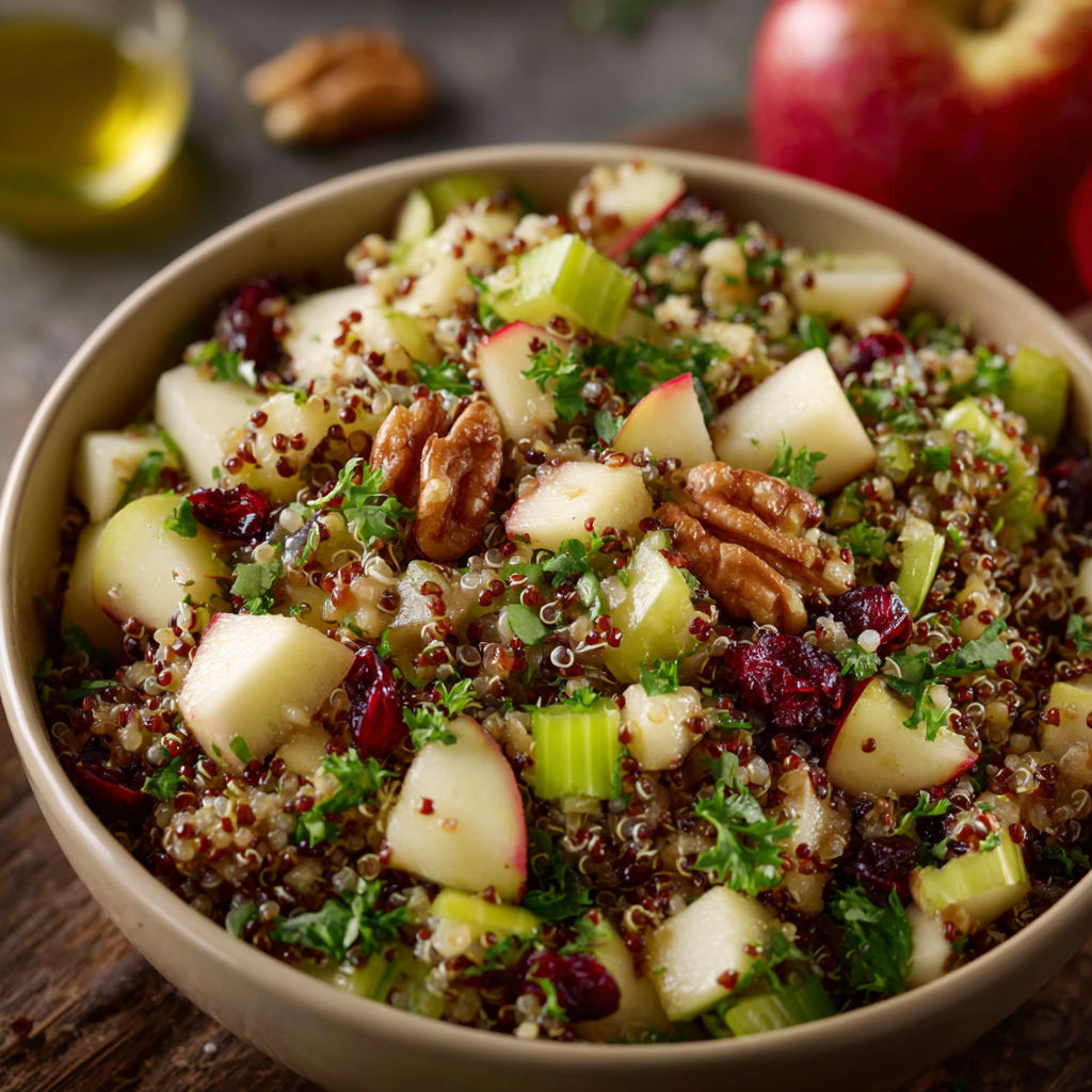 A bowl of mixed fruit and grains, including apples, walnuts, and cranberries, is displayed on a wooden table.