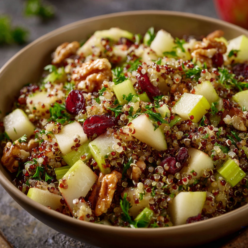 A bowl of nutritious food containing cranberries, walnuts, and other ingredients, possibly a salad or a grain dish.