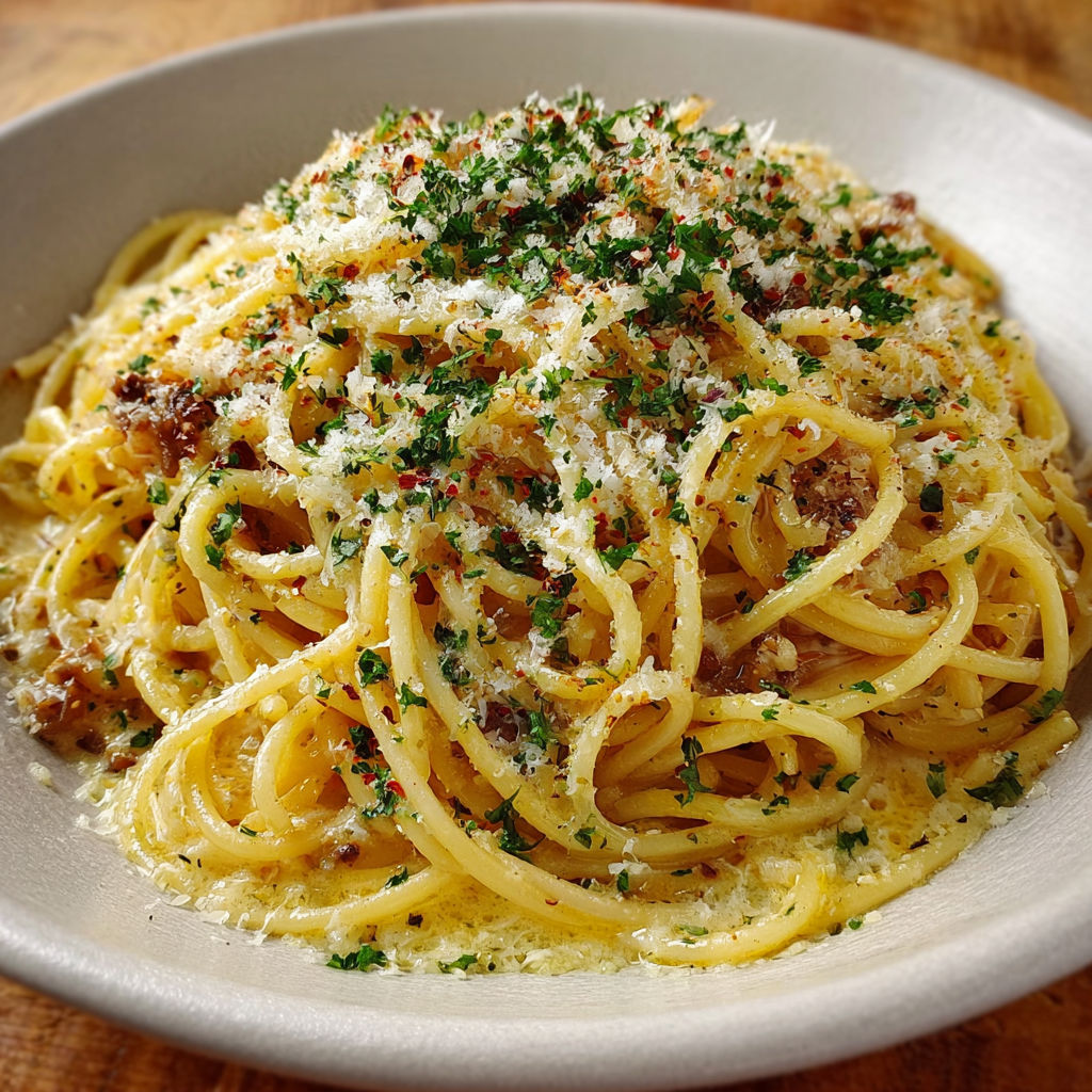 A delicious bowl of creamy garlic butter spaghetti.