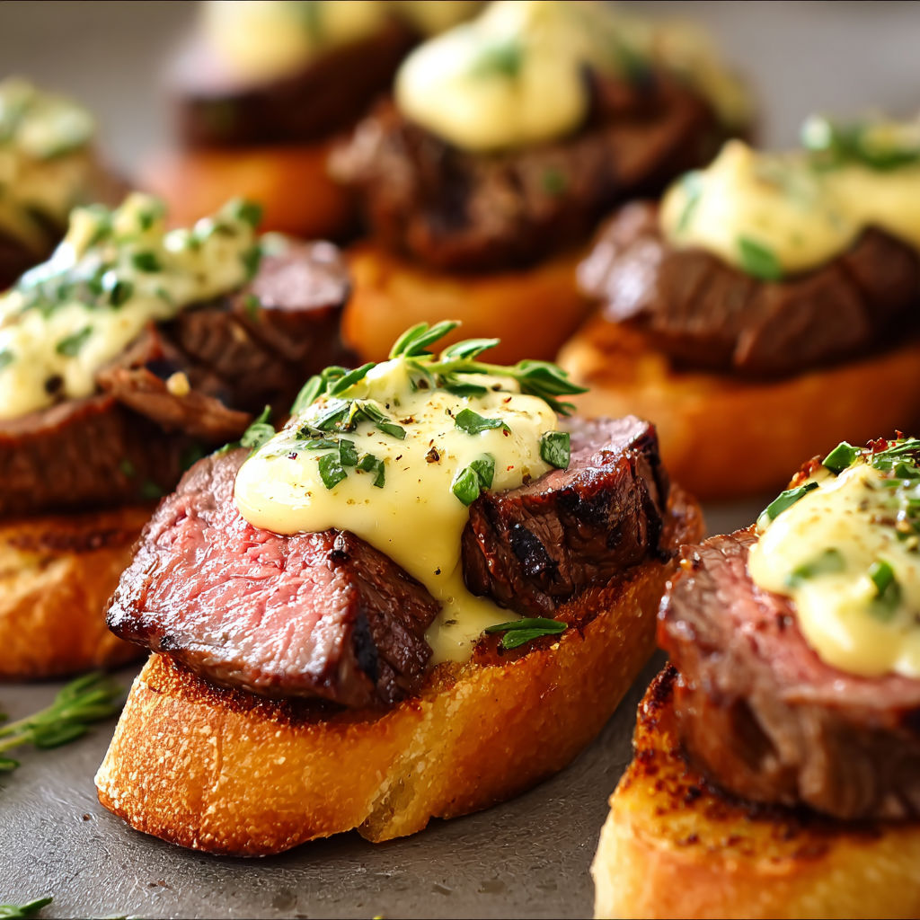 A close up of a grilled tenderloin crostini with Béarnaise sauce.