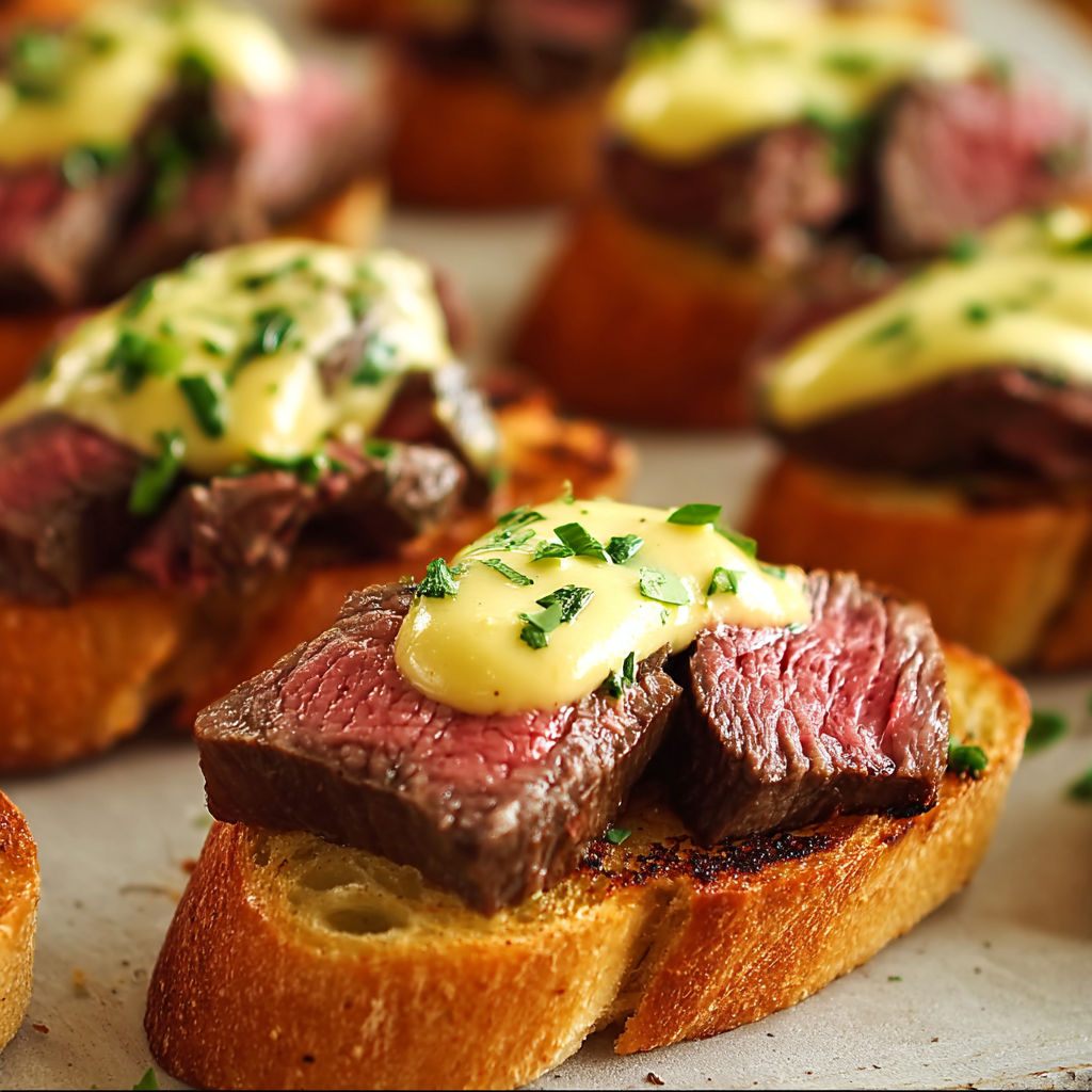 A close up of a delicious steak sandwich with a slice of bread and a dollop of sauce.