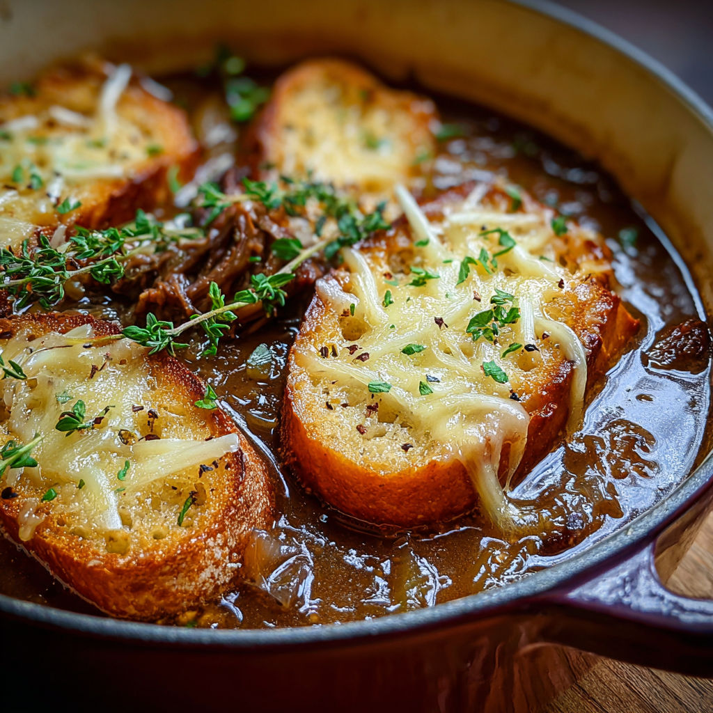 A delicious French Onion Short Rib Soup with Gruyere Toast, served in a bowl.
