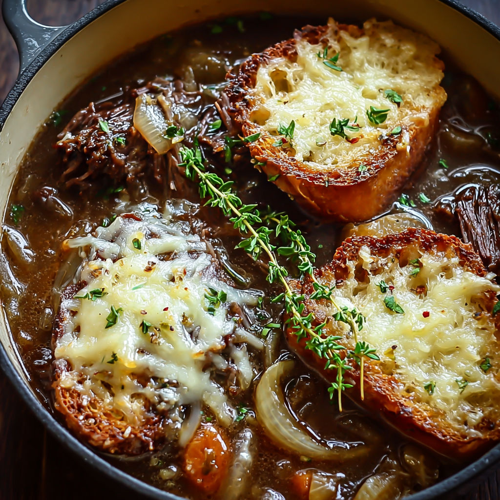 A bowl of French Onion Short Rib Soup with Gruyere Toast.