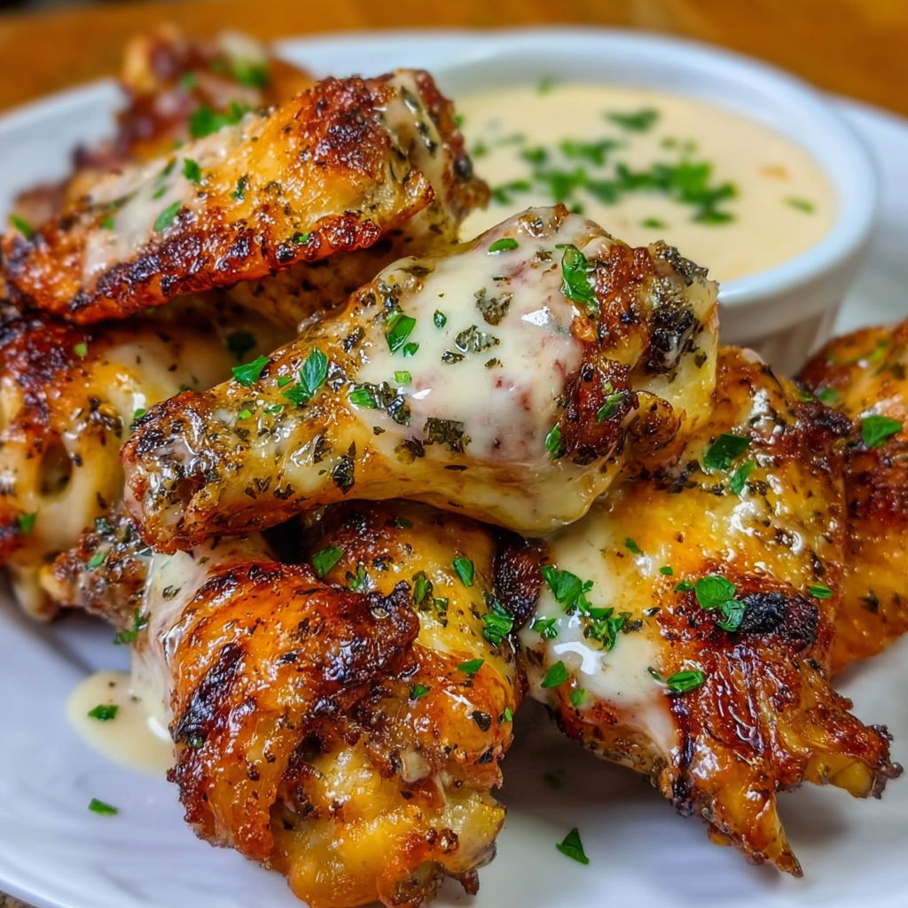A plate of chicken wings covered in a creamy Alfredo sauce.