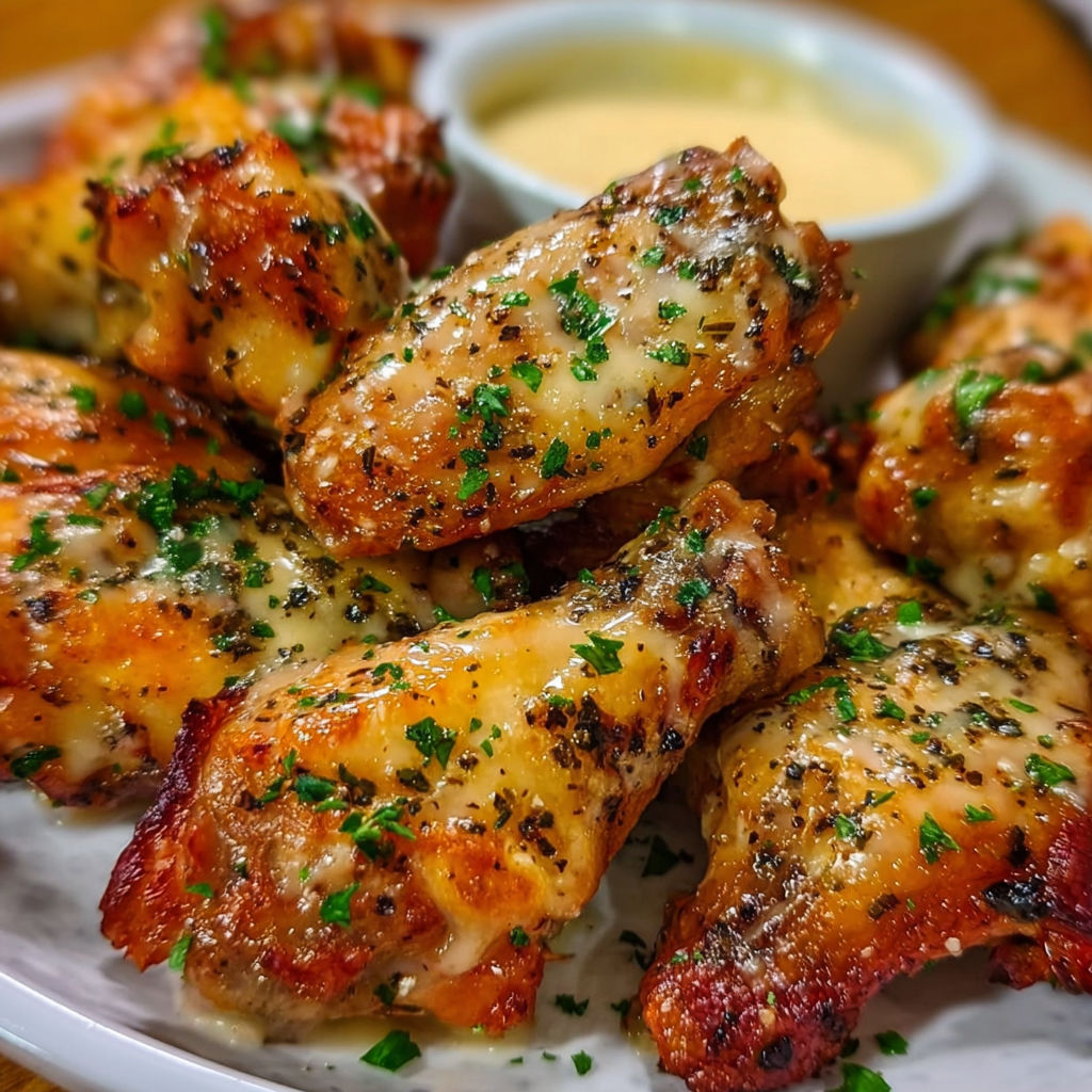 A plate of chicken wings with a dipping sauce, ready to be enjoyed.