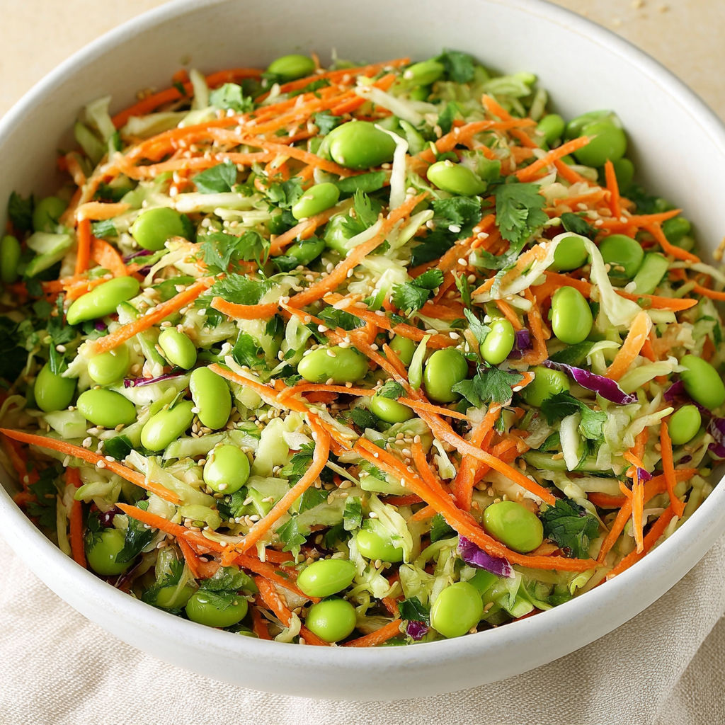 A bowl filled with a salad containing carrots, green beans, and edamame.