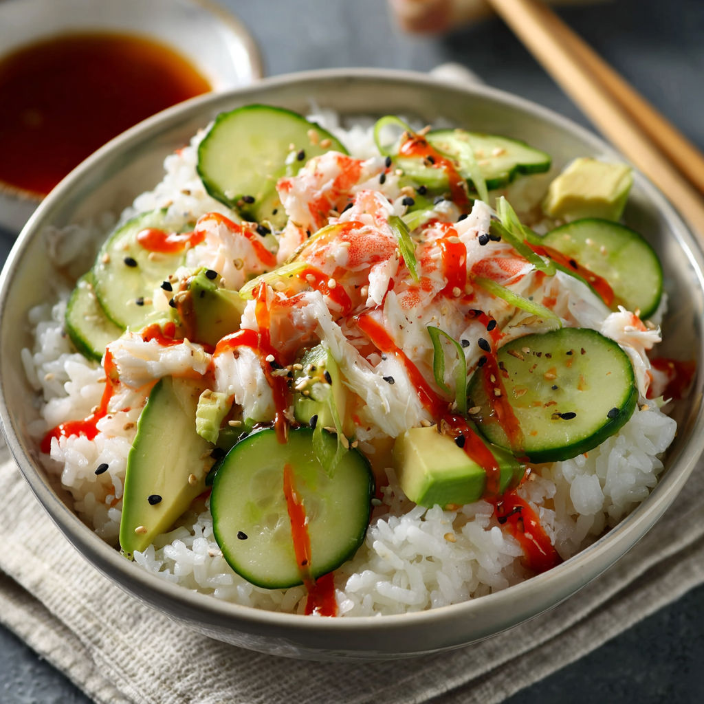 A bowl of rice with vegetables and sauce, including cucumbers, avocado, and red peppers.