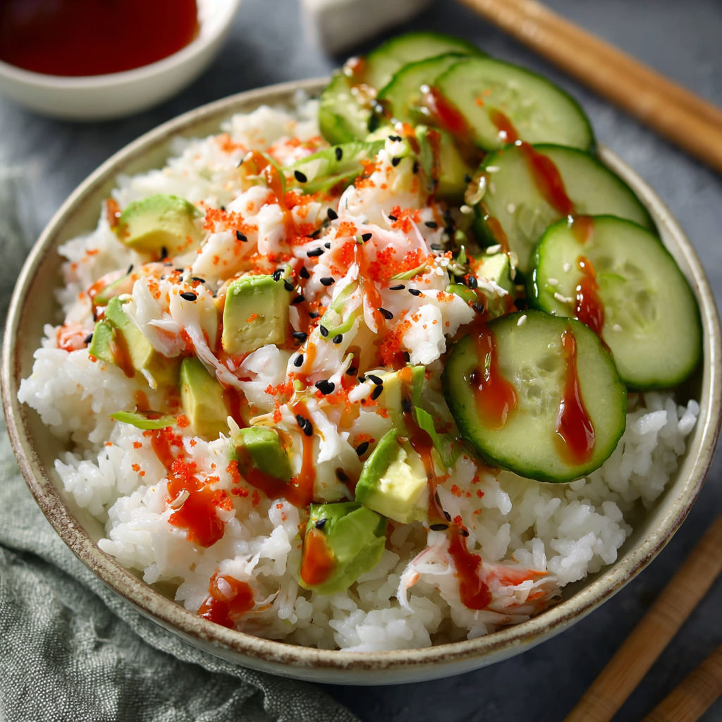 A bowl of rice with vegetables and sauce, including cucumbers and avocado.