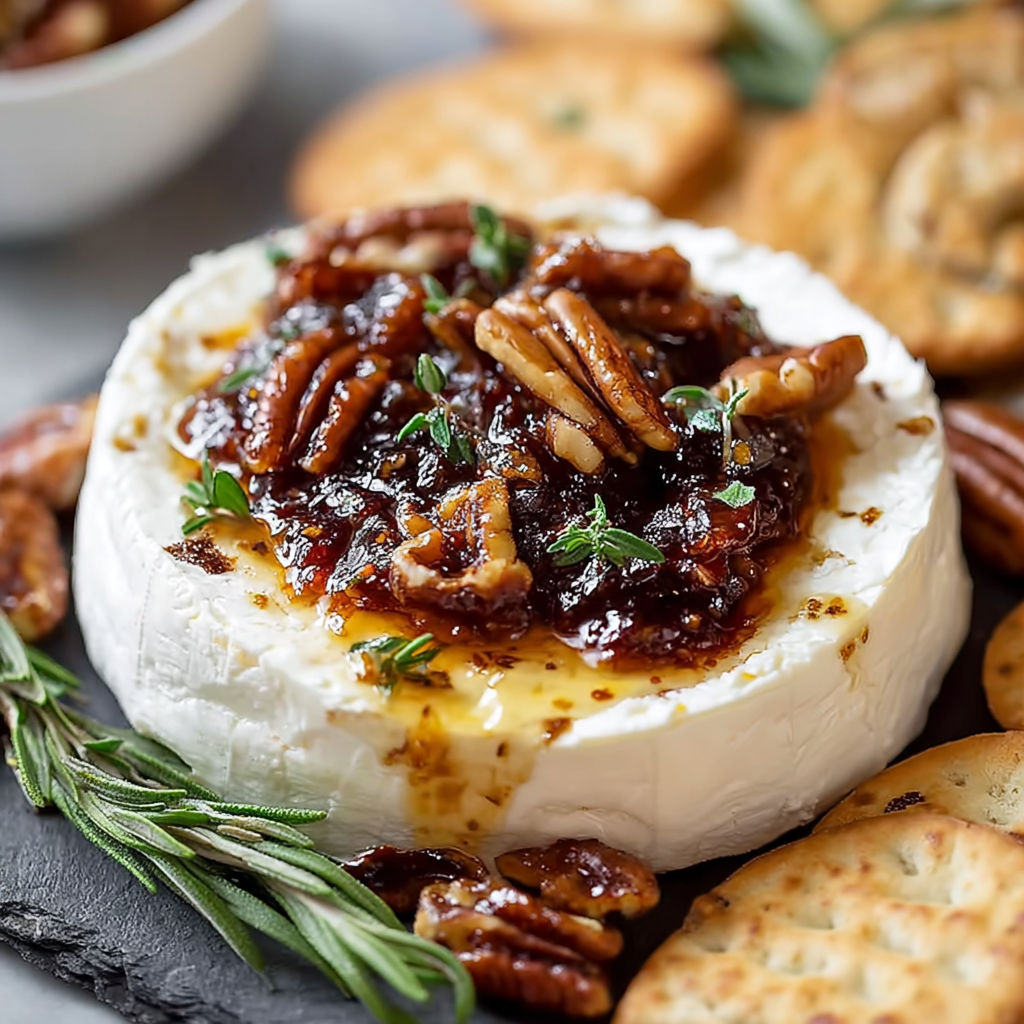 A delicious goat cheese and fig jam spread is displayed on a table, accompanied by crackers and nuts.