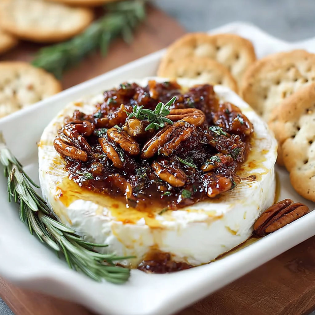 A white plate with a goat cheese and fig jam spread on it, accompanied by crackers.