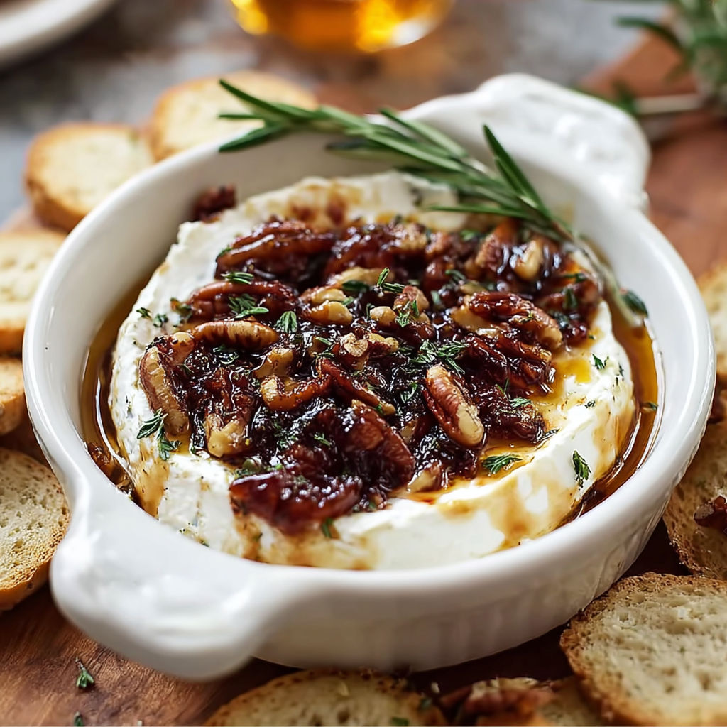 A bowl of goat cheese and fig jam spread is served on a wooden table.