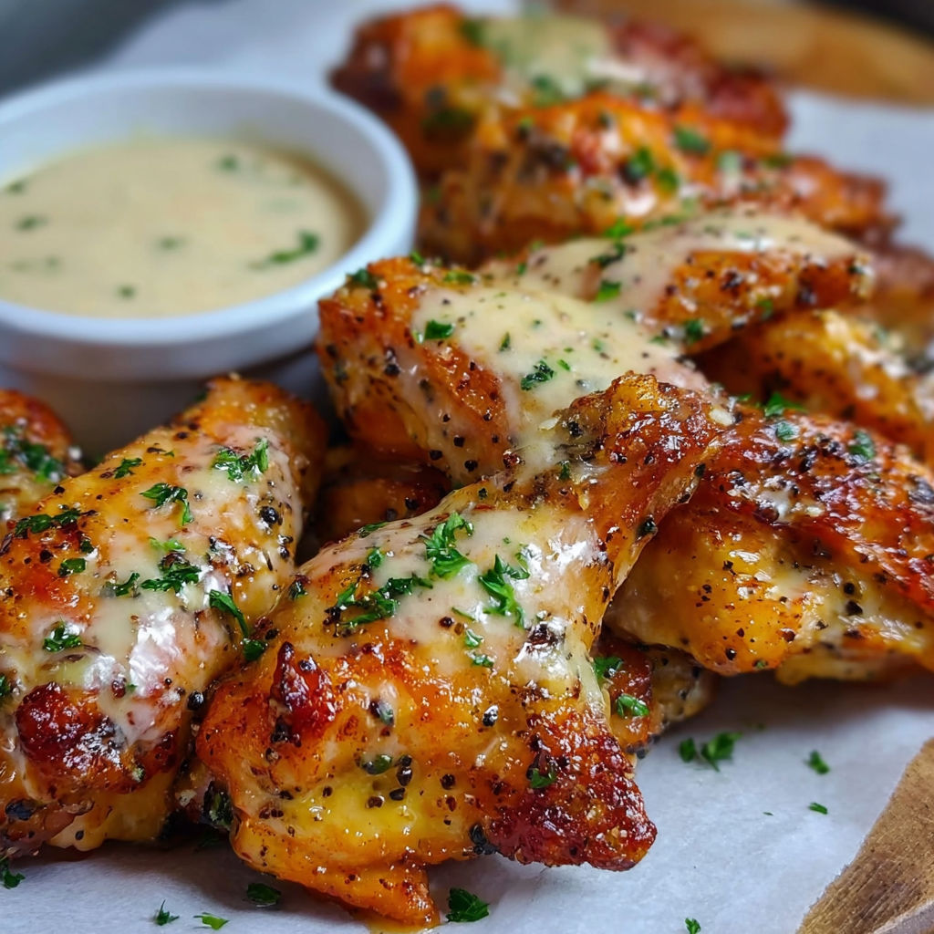 A plate of chicken wings with a dipping sauce, ready to be enjoyed.