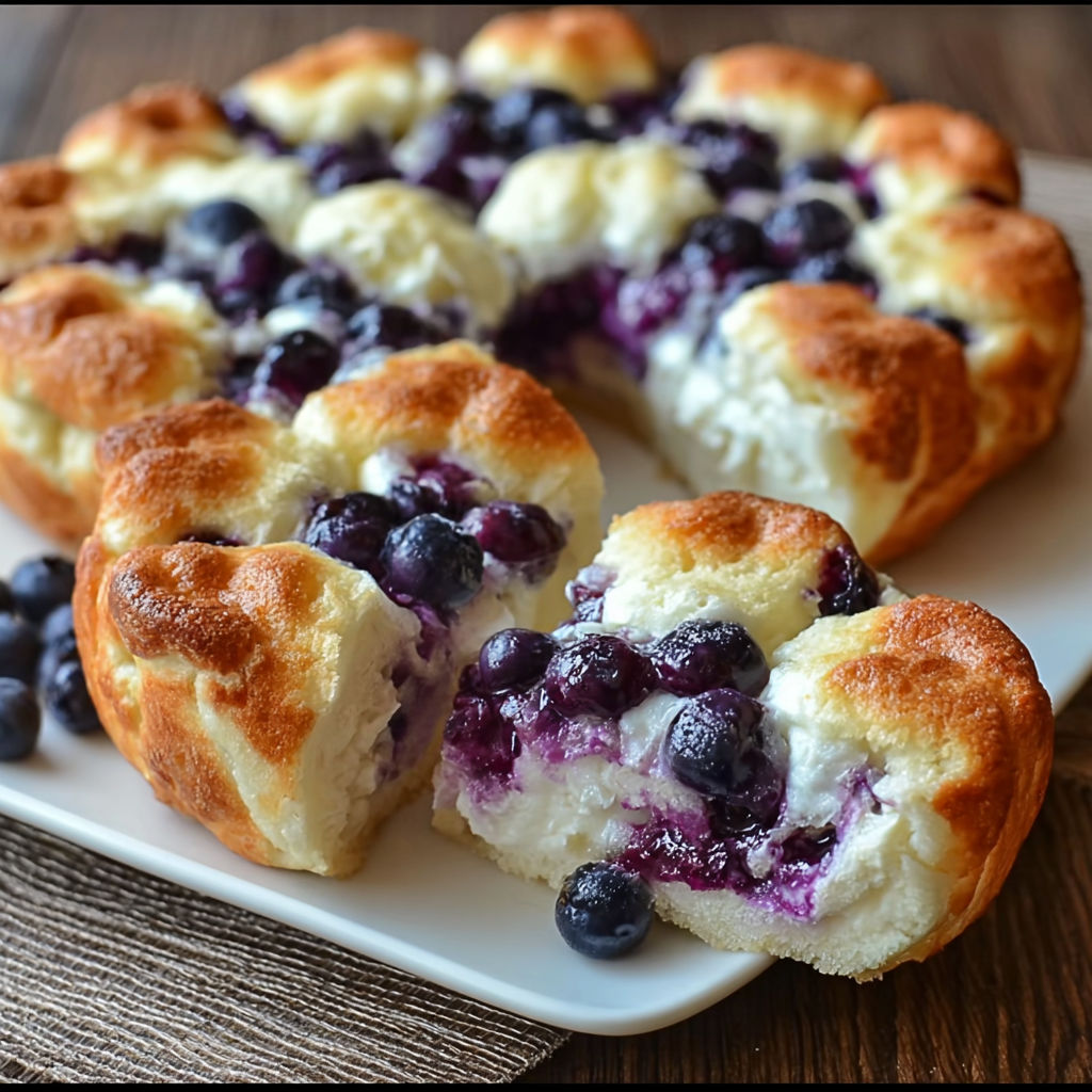 A plate of blueberry cheesecake slices with a blueberry on top.