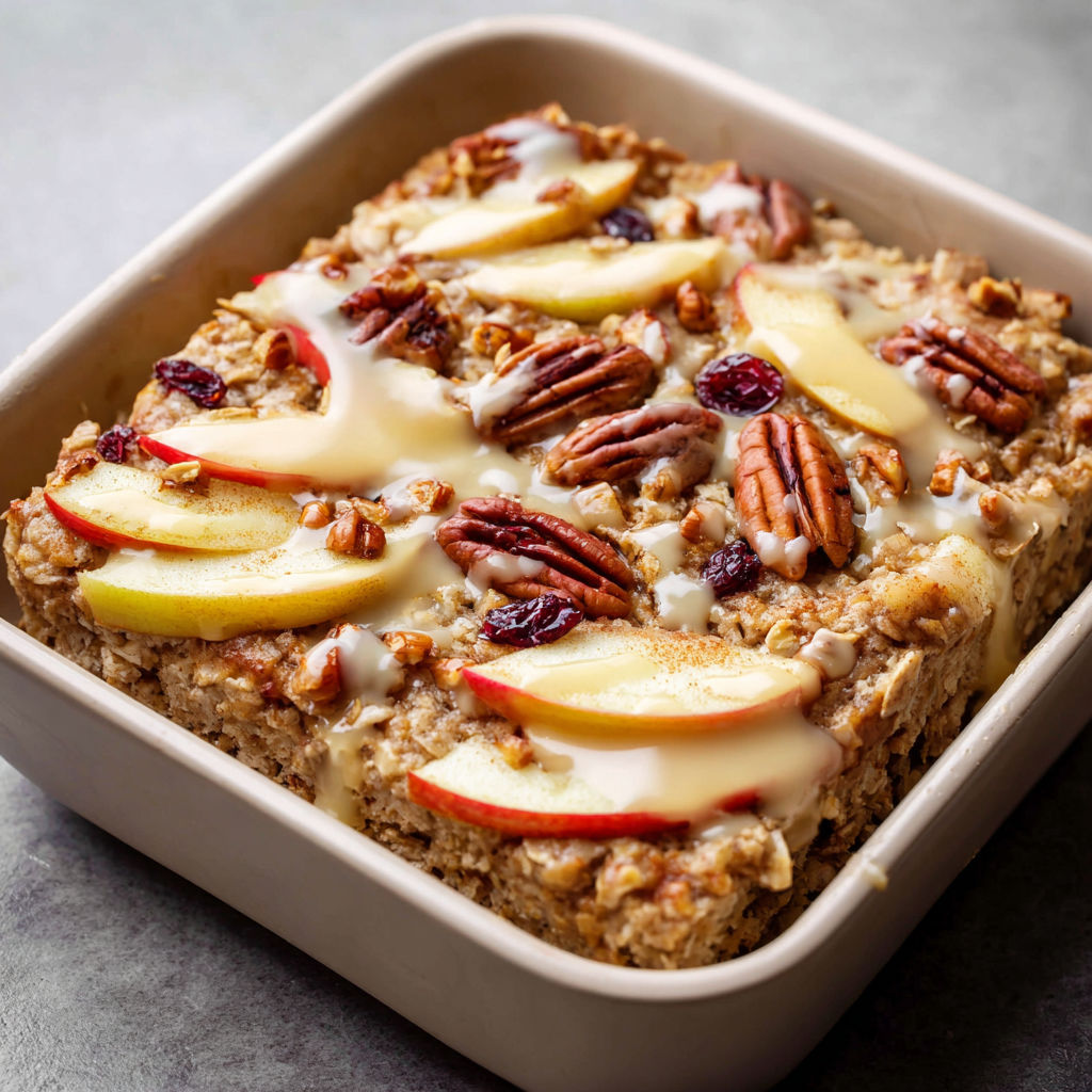A square dish filled with a delicious oatmeal apple dessert, topped with cinnamon and pecans.