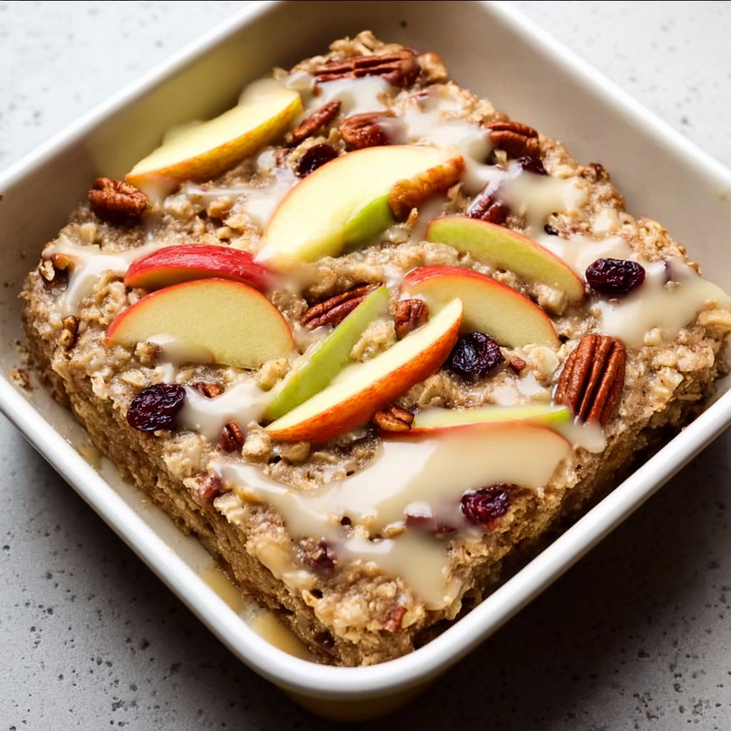 A square white dish filled with a delicious oatmeal apple dessert topped with cinnamon and pecans.