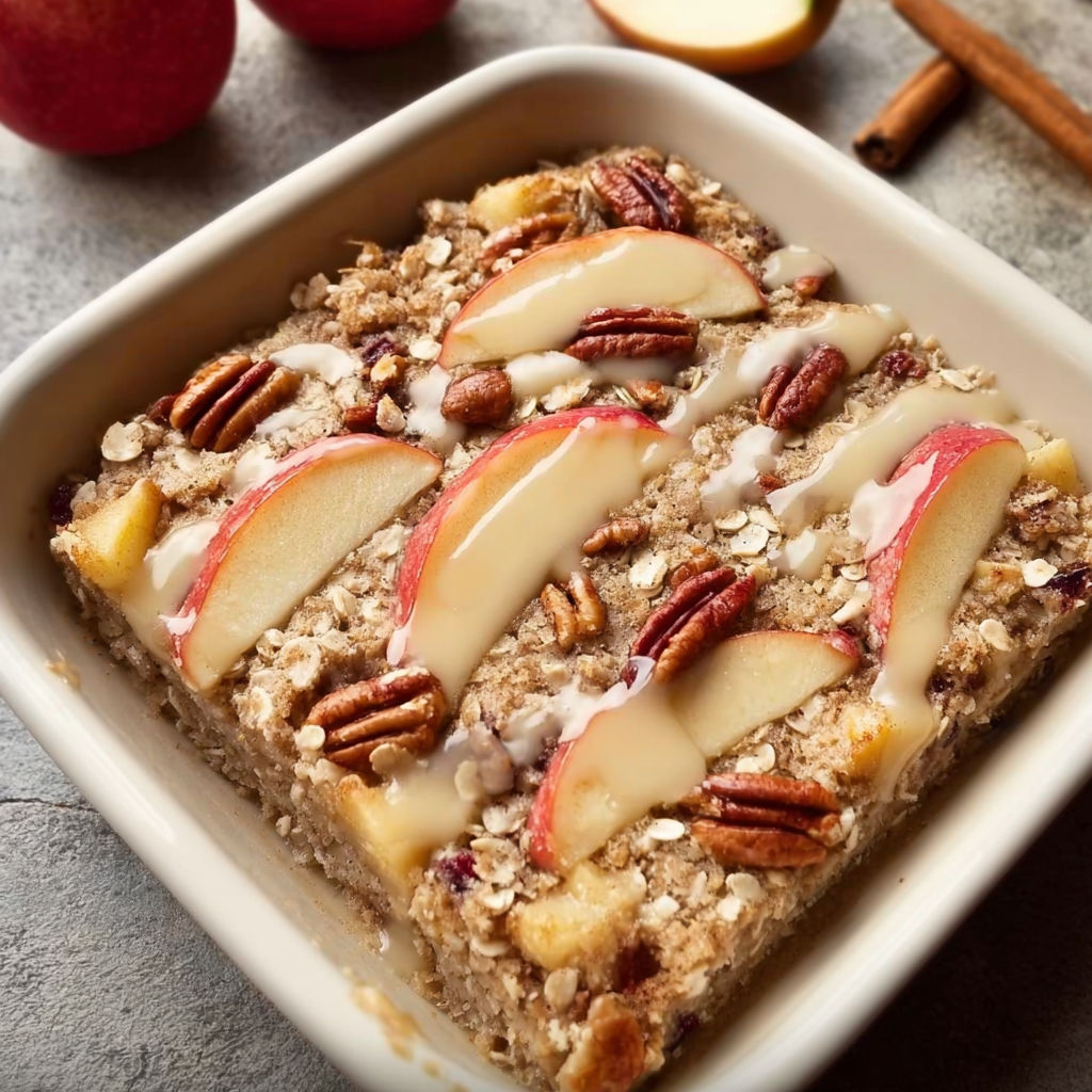 A square white dish filled with a delicious oatmeal apple dessert.