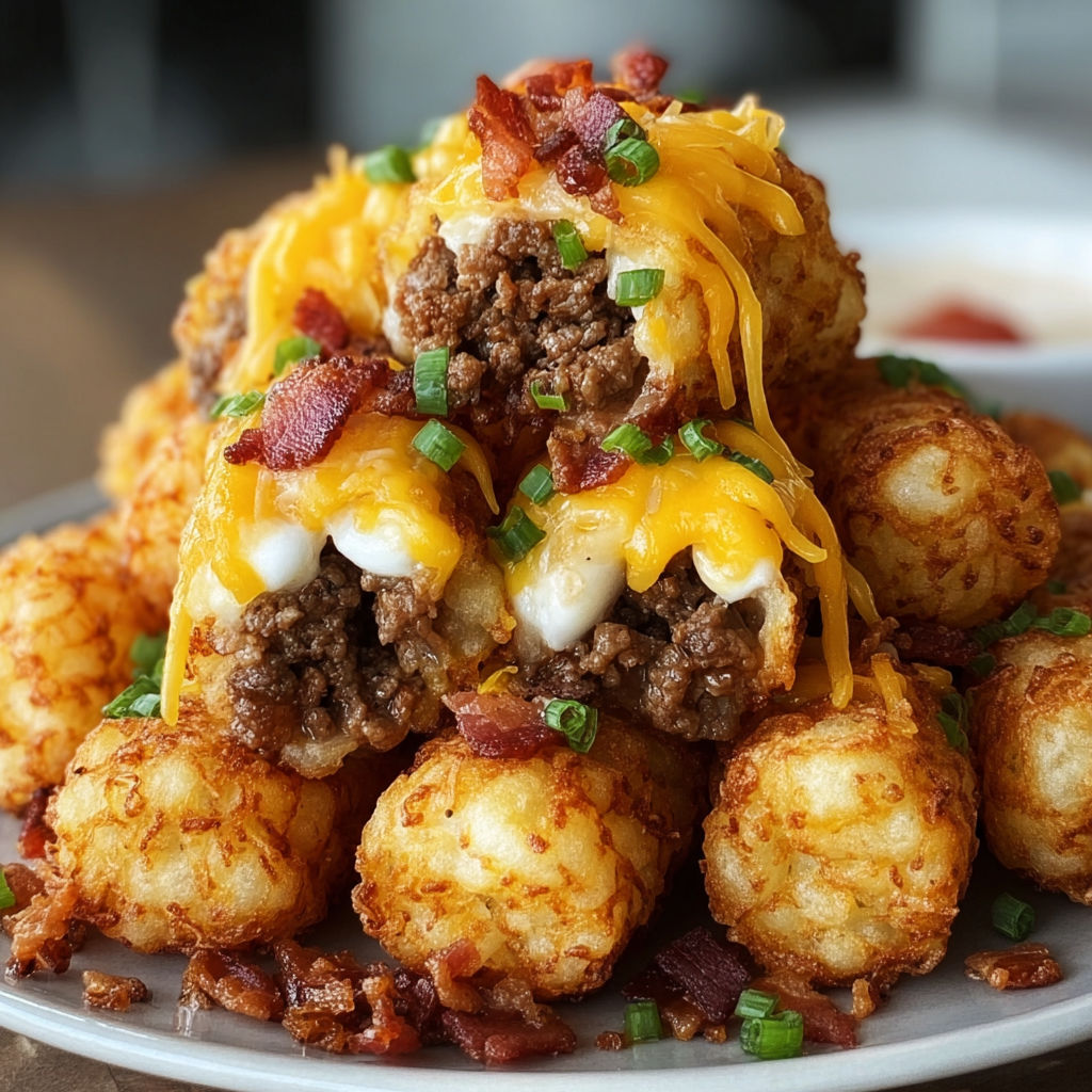 A plate of bacon and cheese stuffed tater tots, also known as bacon and cheese stuffed tater tots with ranch dressing.