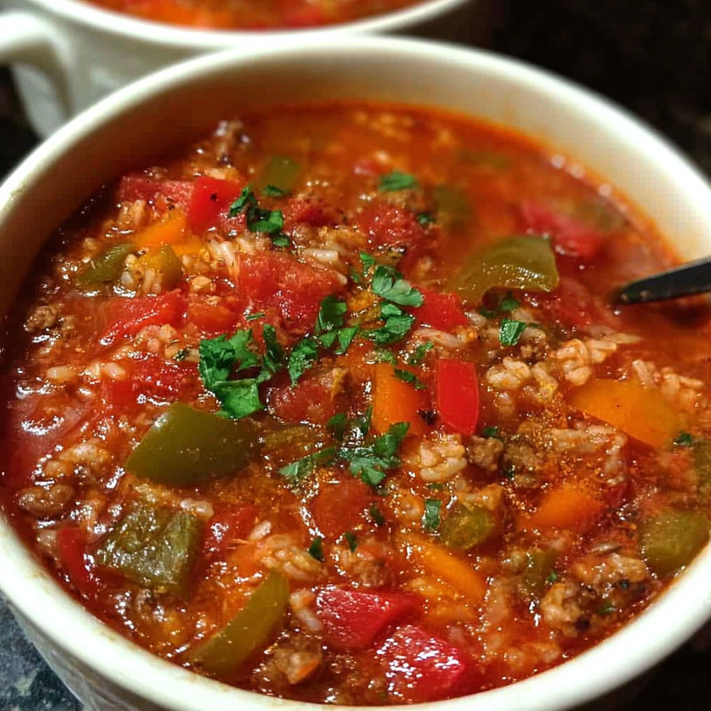 A bowl of Slow Cooker Stuffed Pepper Soup filled with vegetables and meat.