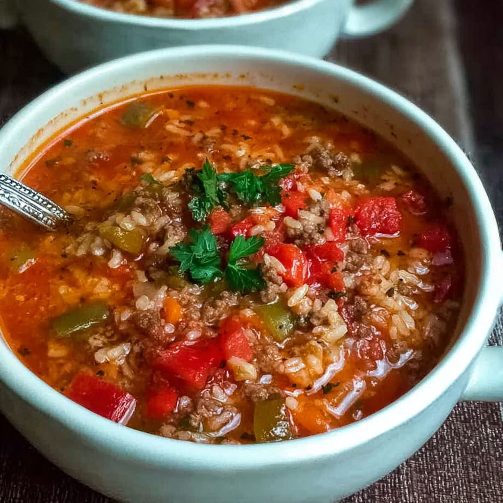 A bowl of beef stew with rice and vegetables.