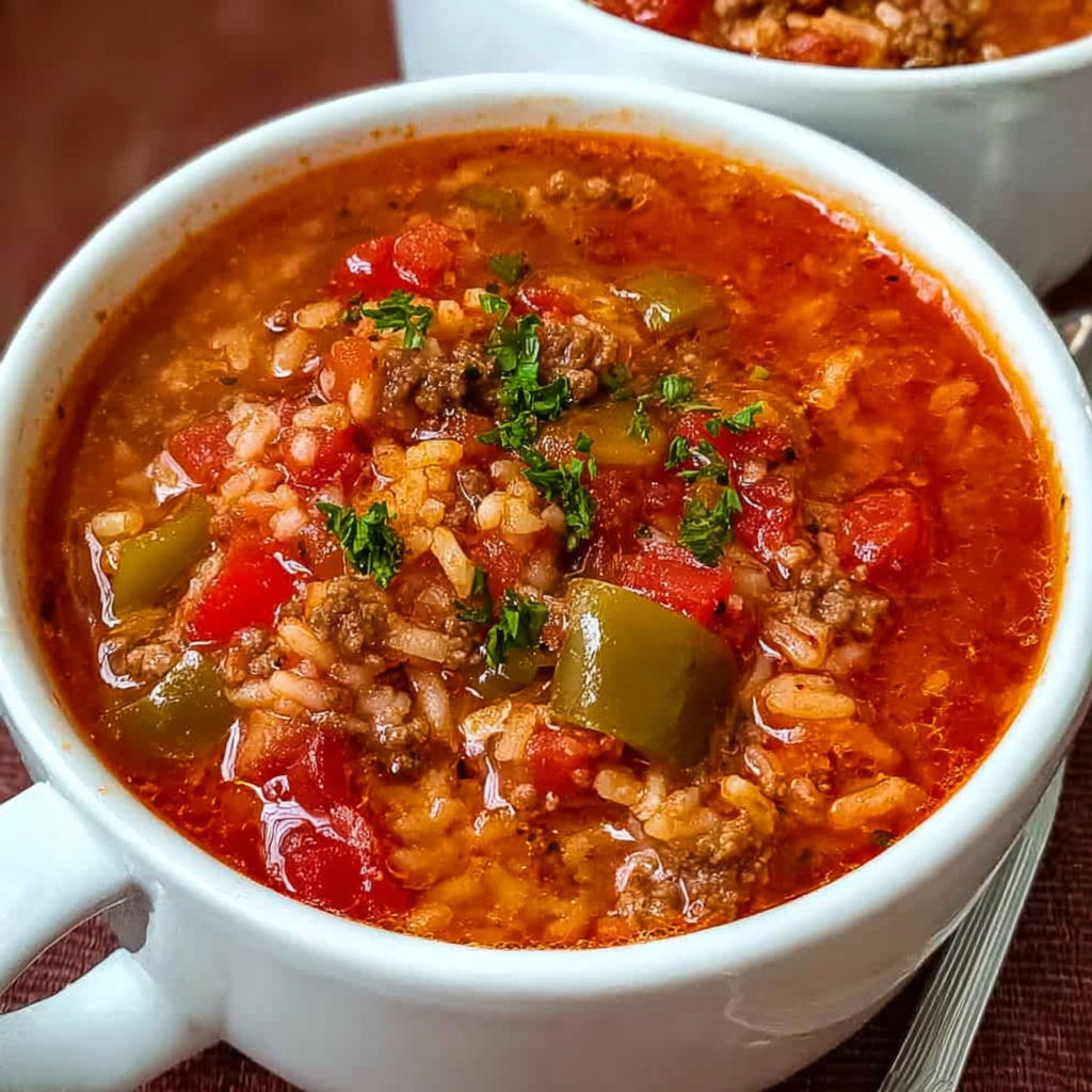A bowl of beef stew with tomatoes, onions, and peppers.
