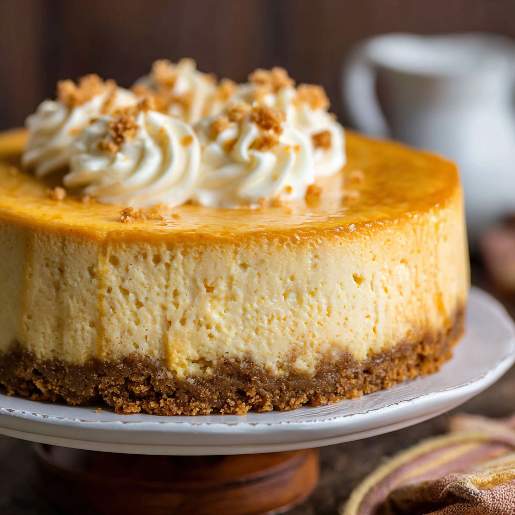 A slice of White Chocolate Pumpkin Cheesecake on a plate.